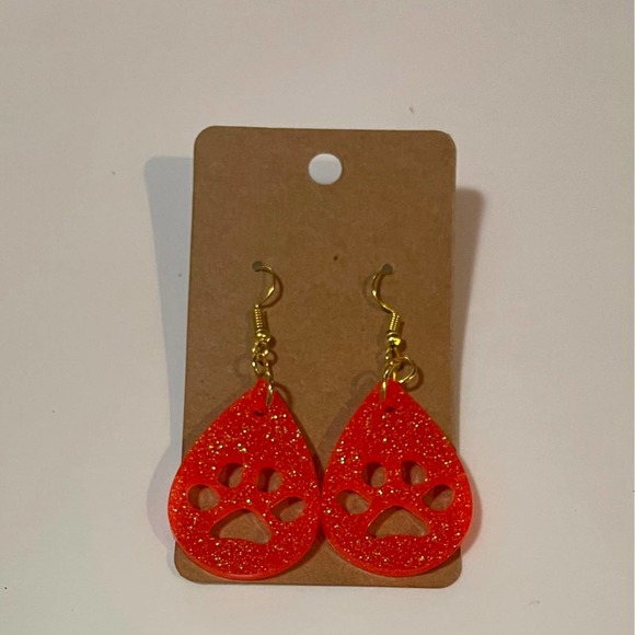 Handmade epoxy resin paw print earrings - fluorescent orange glitter - Picture 1 of 4